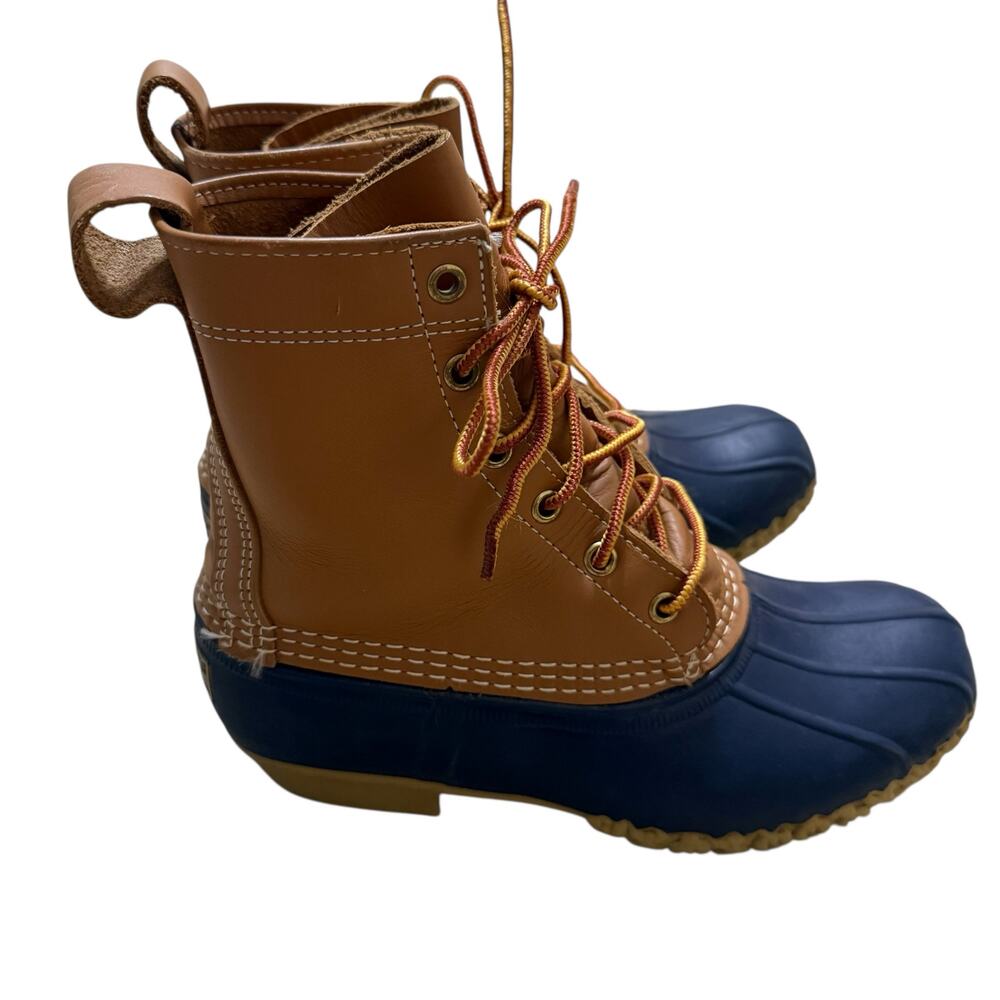 L.L. Bean Womens Duck Boots Tan Blue Leather Waterproof Snow Ankle Boots Size 7M